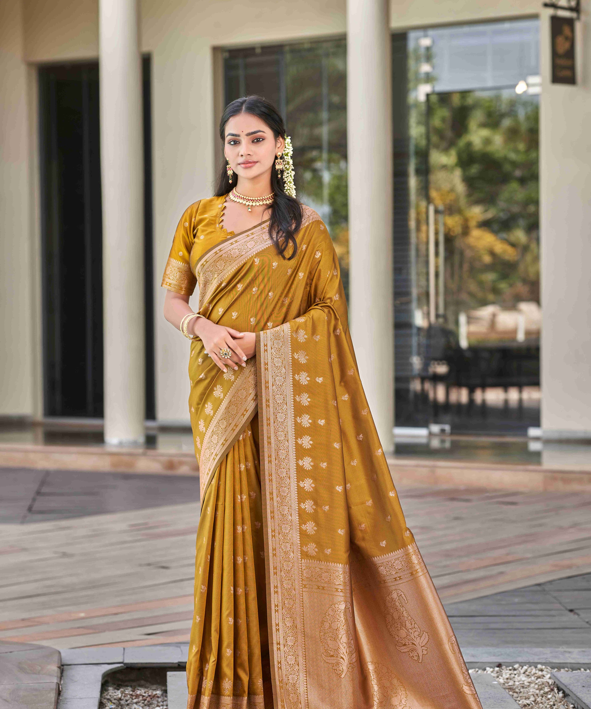 Mustard Gold Banarasi Monochrome Silk Saree with Paisley Zari Border