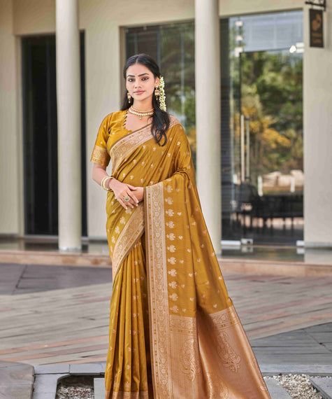Mustard Gold Banarasi Monochrome Silk Saree with Paisley Zari Border