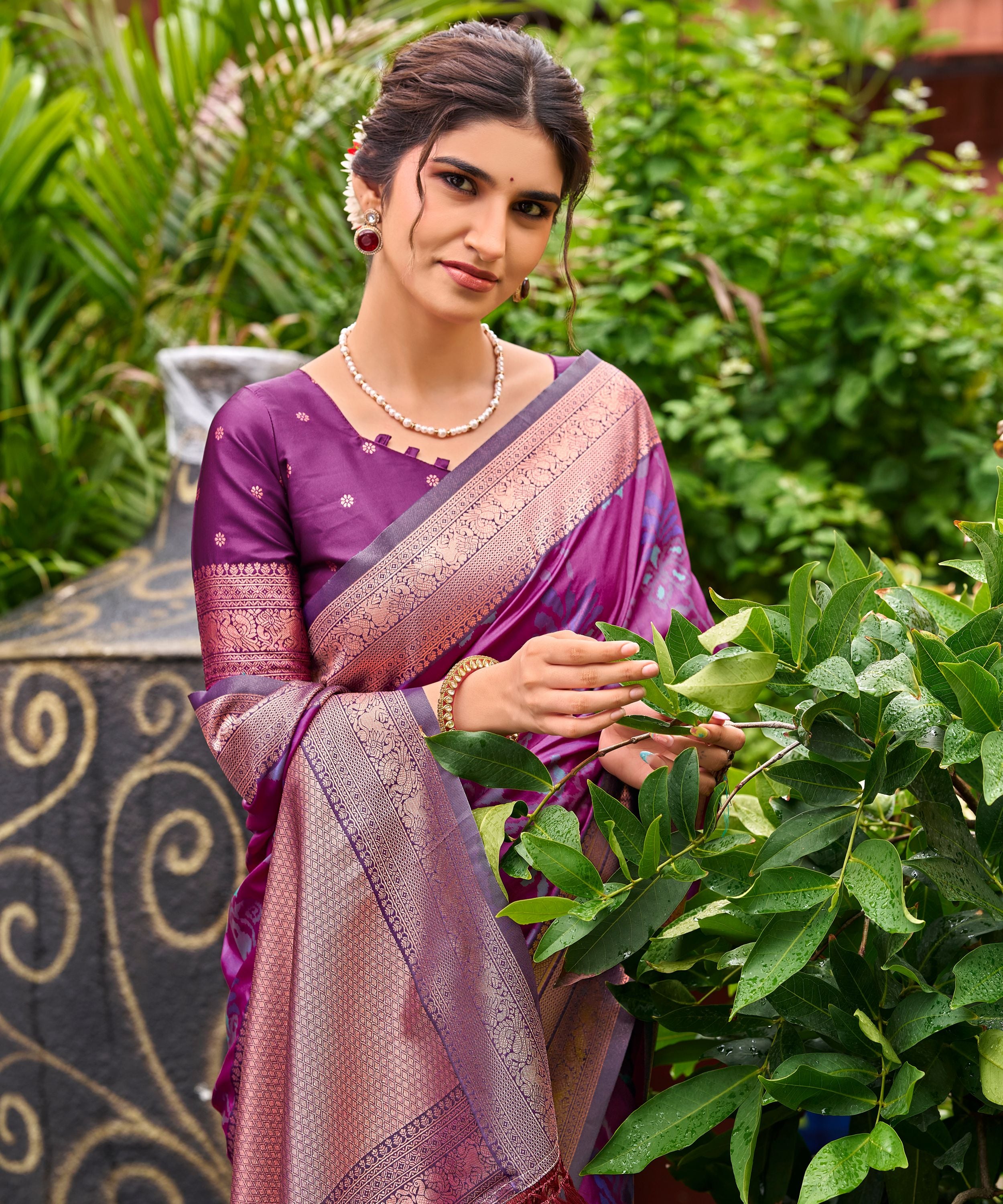 Purple Pochampally Silk Saree with Antique Gold Zari Border