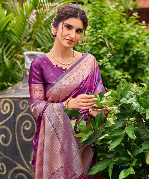 Purple Pochampally Silk Saree with Antique Gold Zari Border