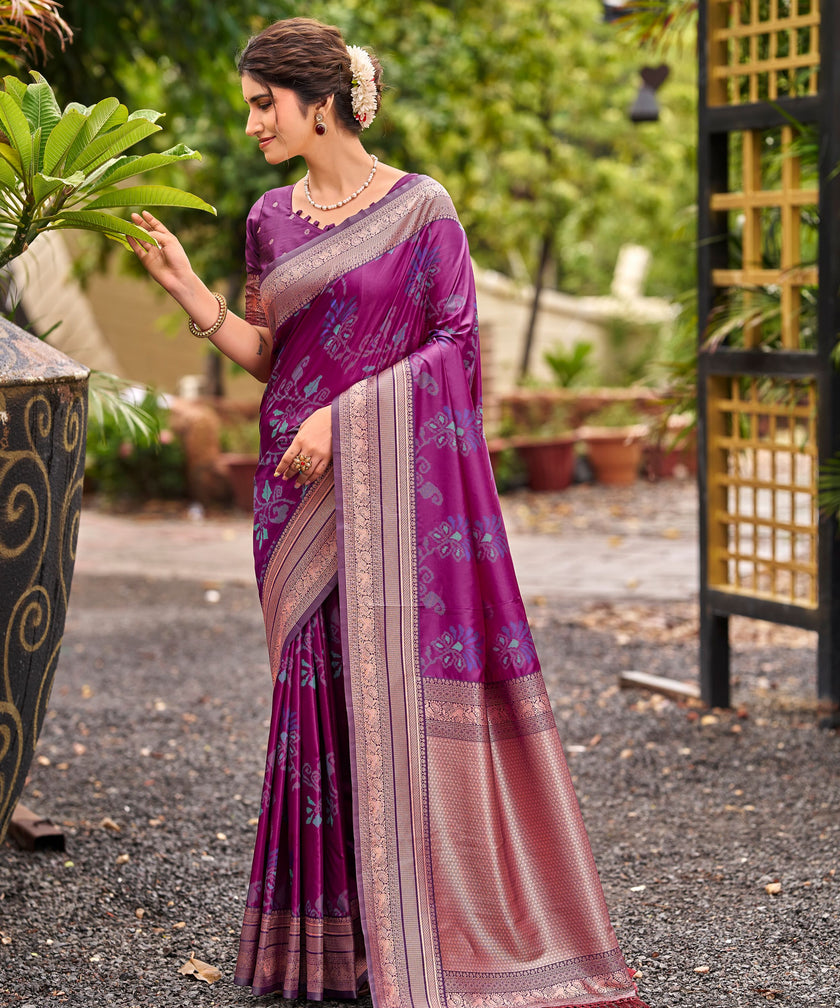 Purple Pochampally Silk Saree with Antique Gold Zari Border