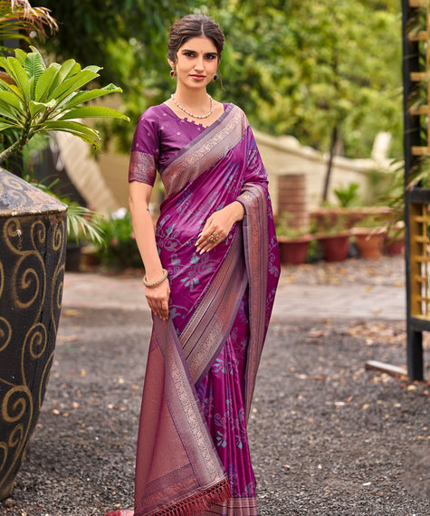 Purple Pochampally Silk Saree with Antique Gold Zari Border