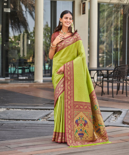 Pista Green Paithani Tissue Silk Saree with Maroon Border and Peacock Pallu