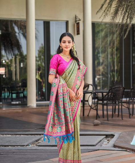 Pista Green Meenakari Kanjivaram Silk Saree with Pink Border