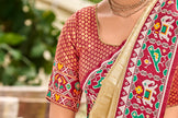 Cream Golden Patola Tissue Saree with Maroon Multicolour Border