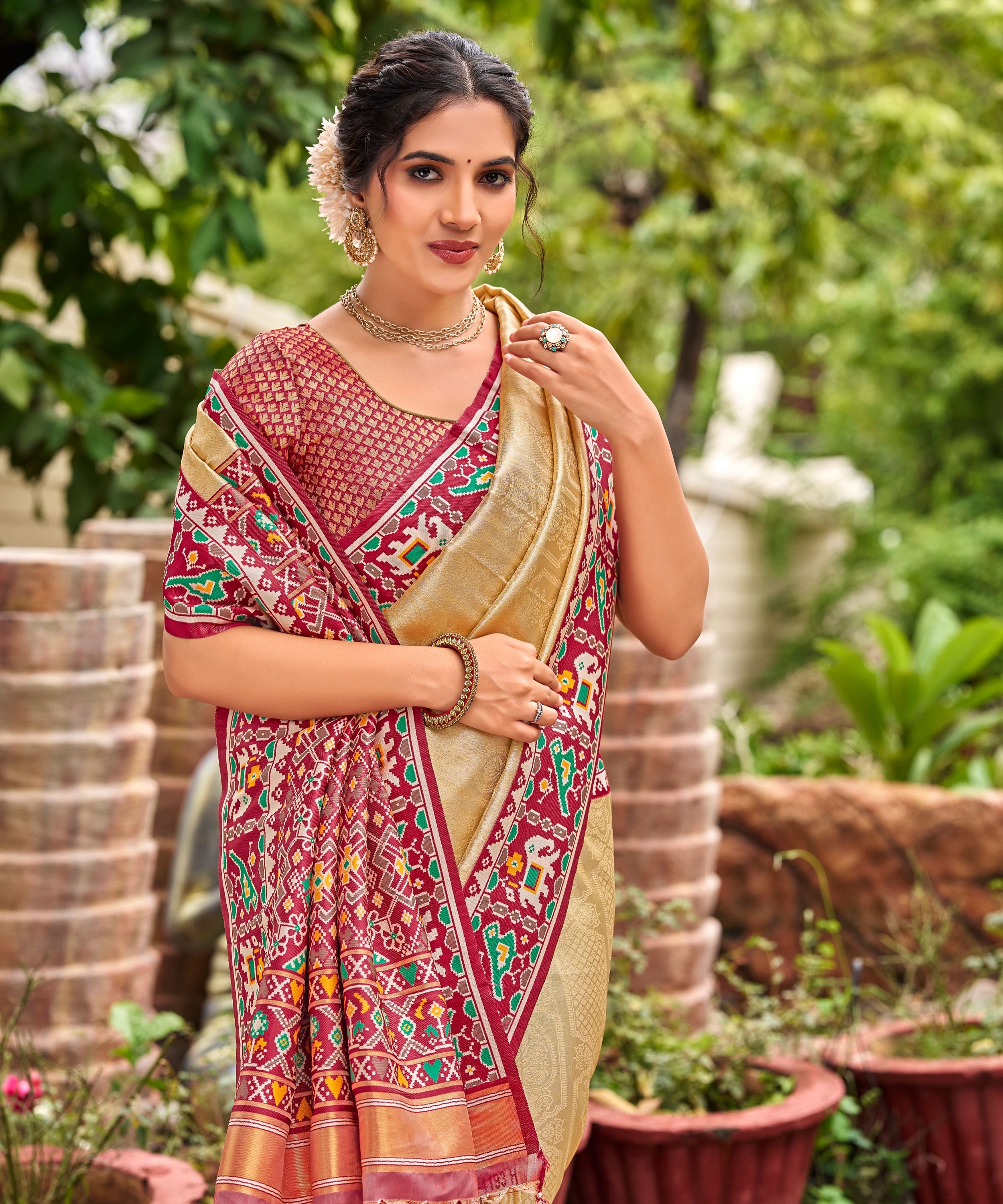Cream Golden Patola Tissue Saree with Maroon Multicolour Border
