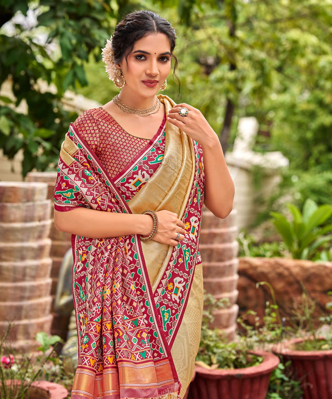 Cream Golden Patola Tissue Saree with Maroon Multicolour Border