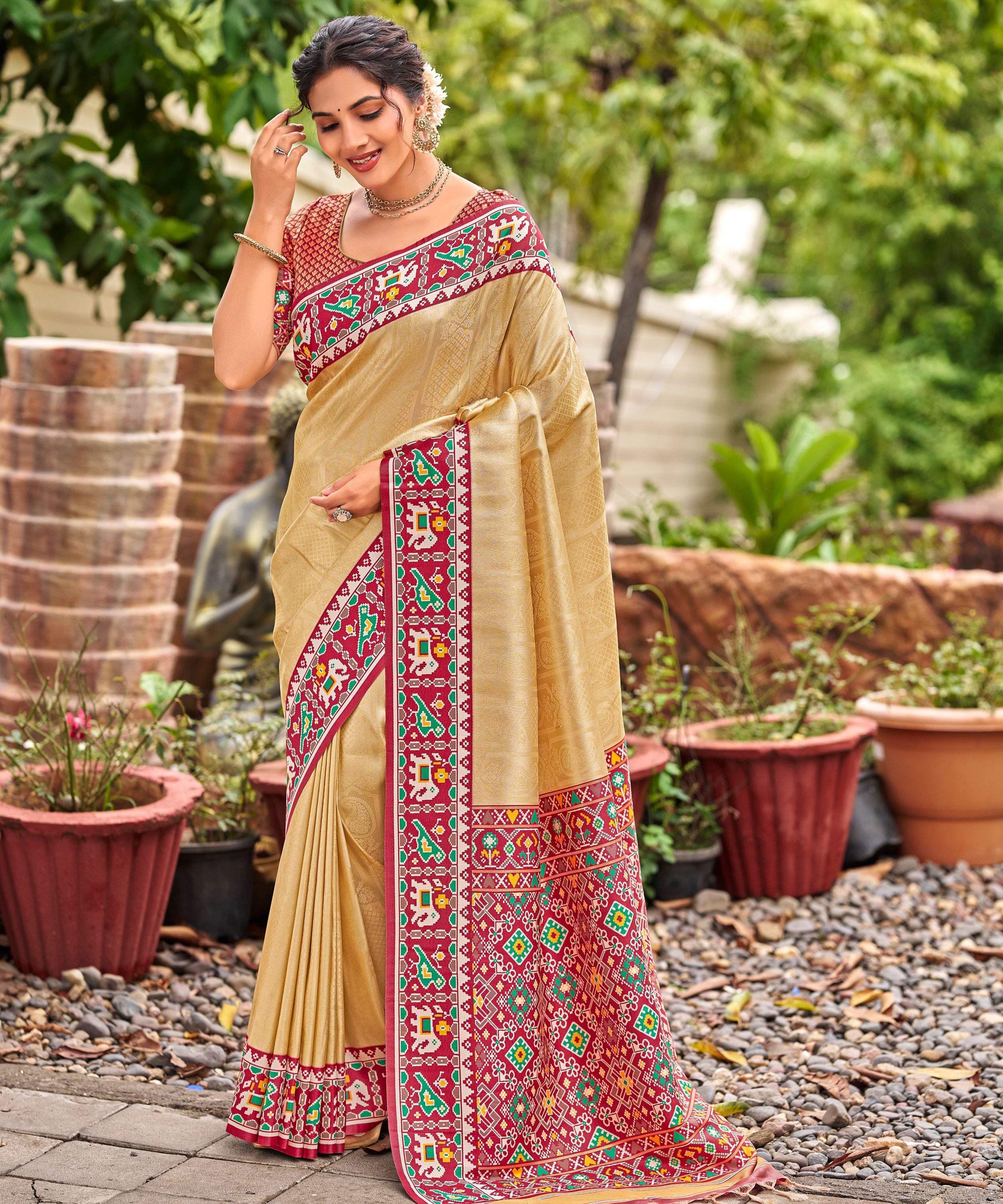 Cream Golden Patola Tissue Saree with Maroon Multicolour Border