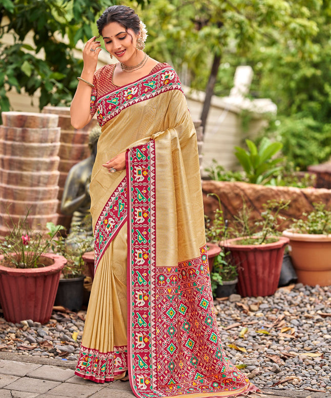 Cream Golden Patola Tissue Saree with Maroon Multicolour Border