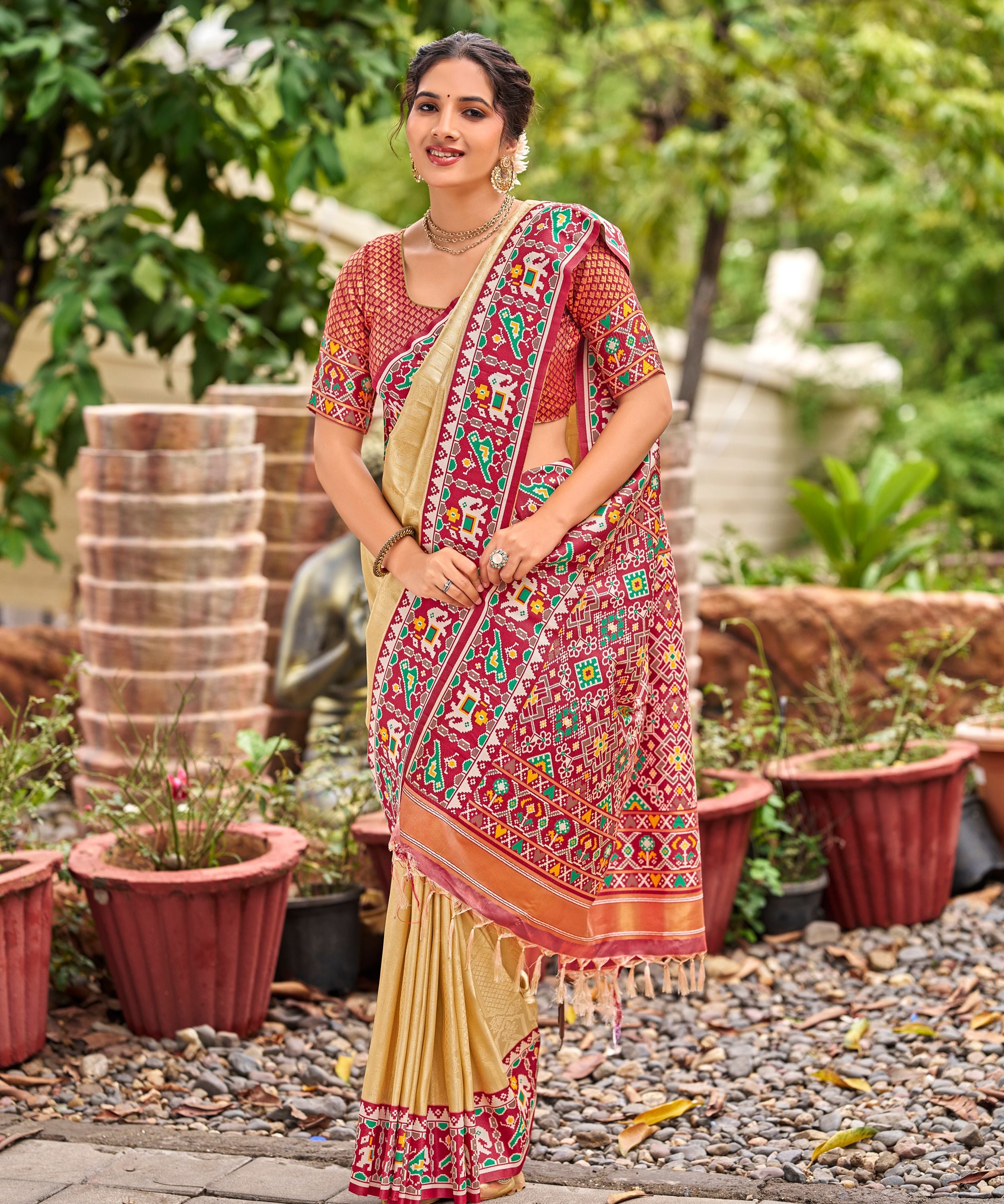 Cream Golden Patola Tissue Saree with Maroon Multicolour Border