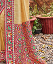 Cream Golden Patola Tissue Saree with Maroon Multicolour Border