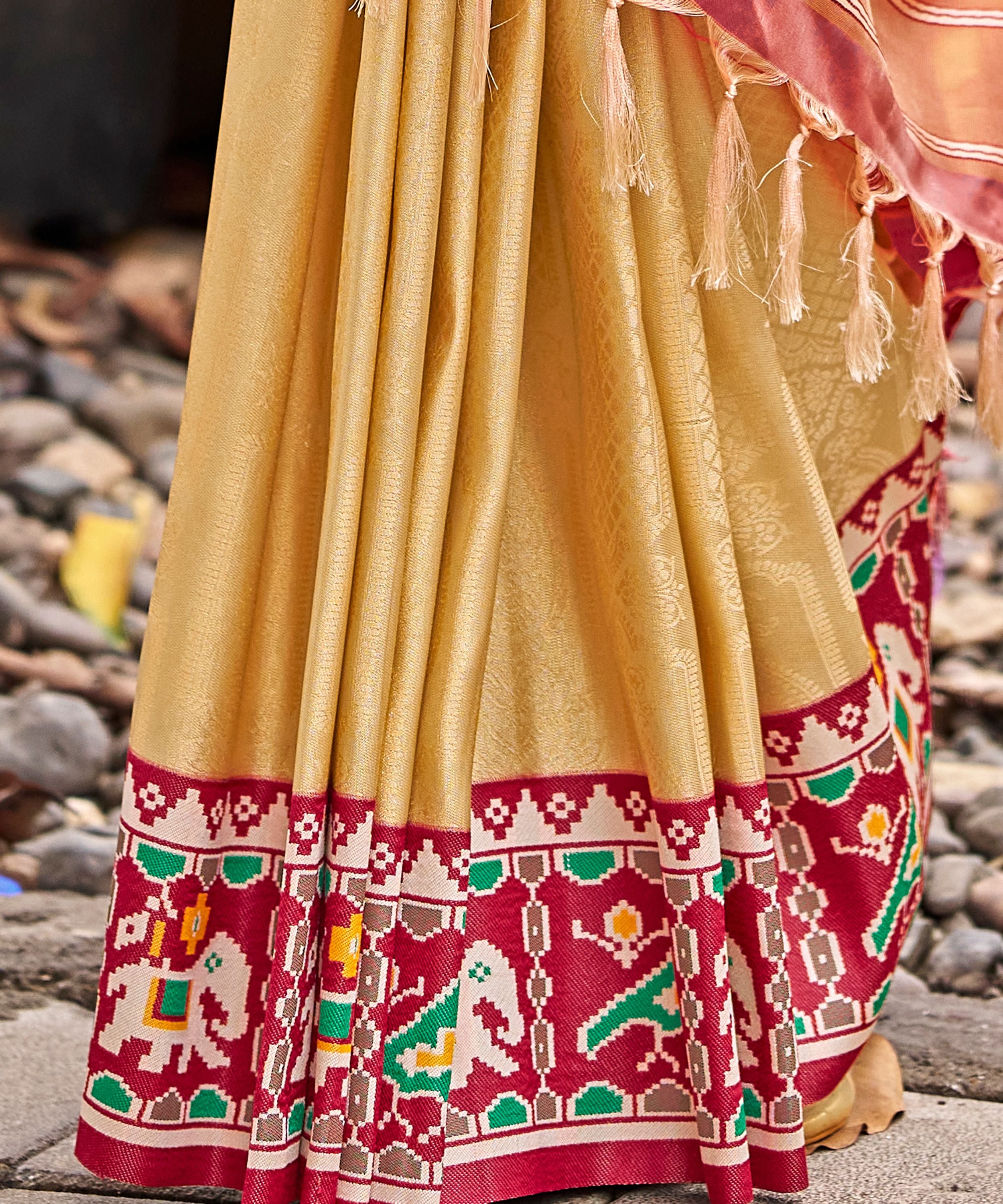 Cream Golden Patola Tissue Saree with Maroon Multicolour Border