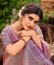 Cream Tissue Silk Saree with Purple Stripe Zari Border