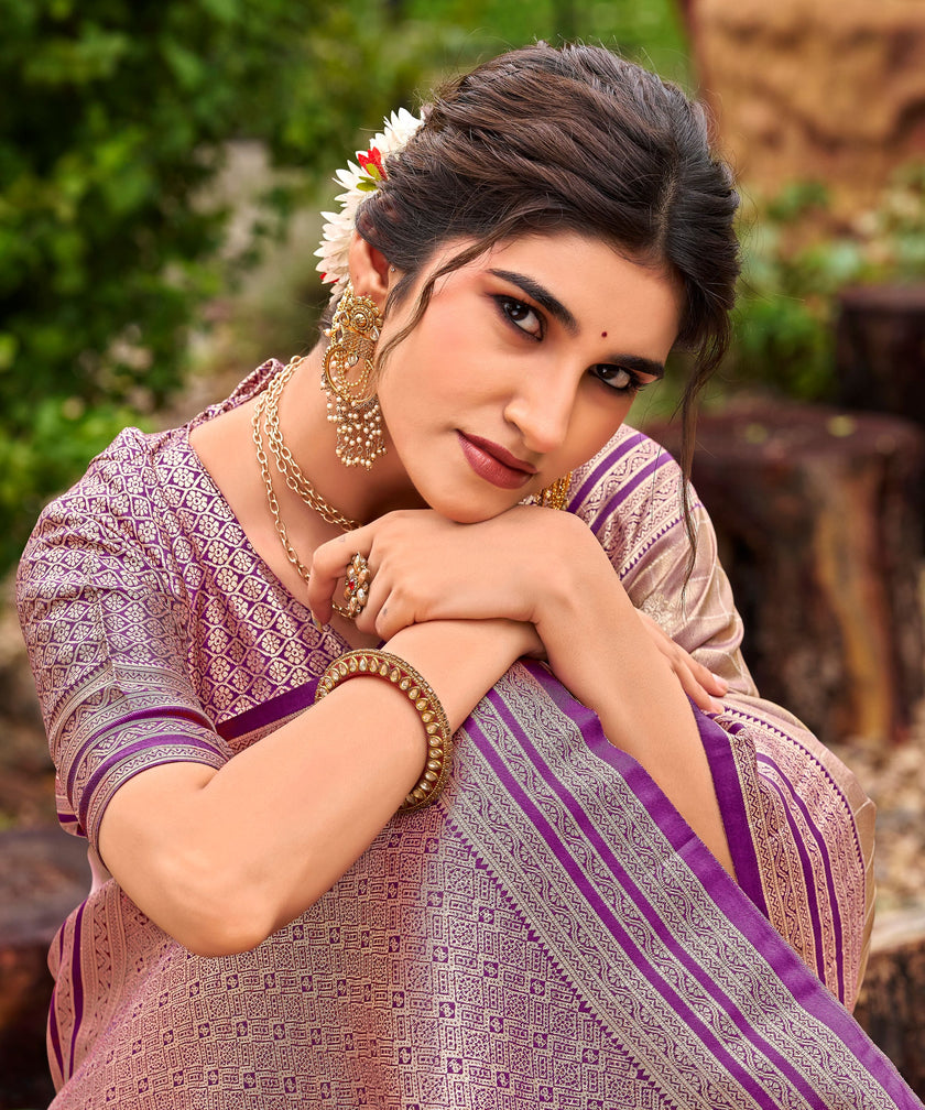 Cream Tissue Silk Saree with Purple Stripe Zari Border