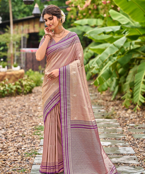 Cream Tissue Silk Saree with Purple Stripe Zari Border