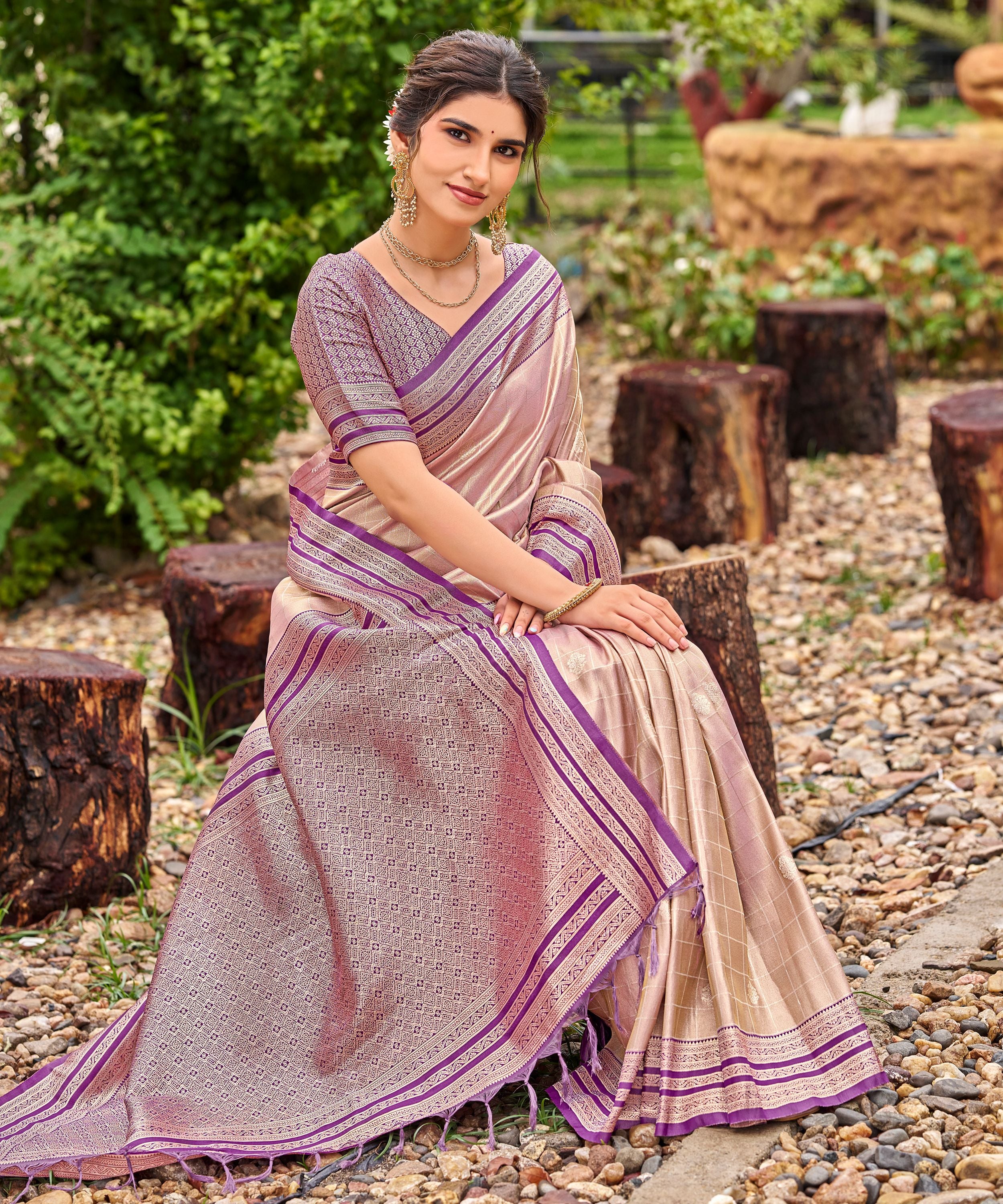 Cream Tissue Silk Saree with Purple Stripe Zari Border