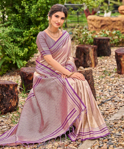 Cream Tissue Silk Saree with Purple Stripe Zari Border
