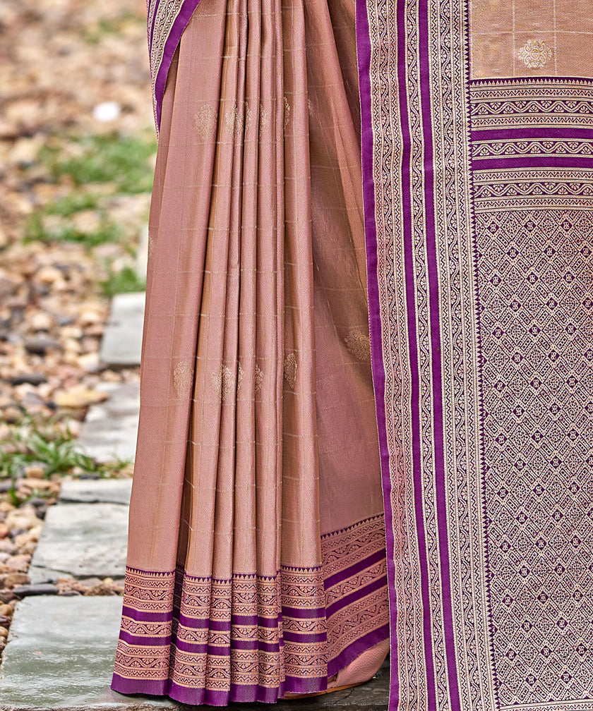 Cream Tissue Silk Saree with Purple Stripe Zari Border