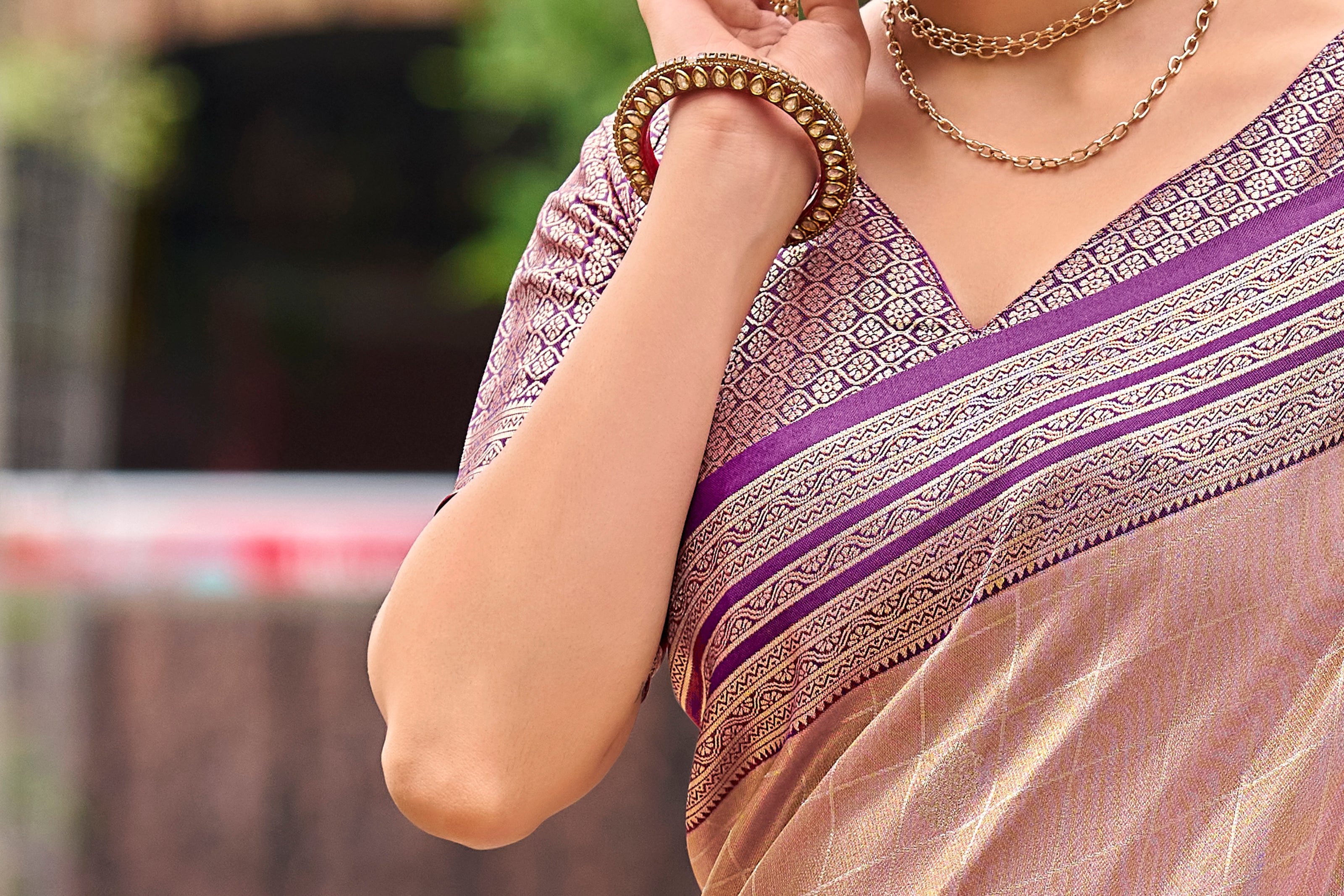 Cream Tissue Silk Saree with Purple Stripe Zari Border