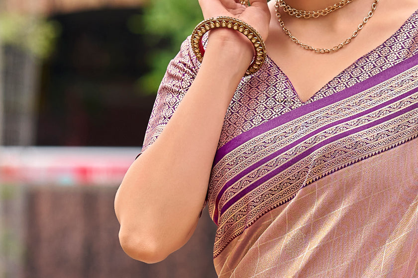 Cream Tissue Silk Saree with Purple Stripe Zari Border