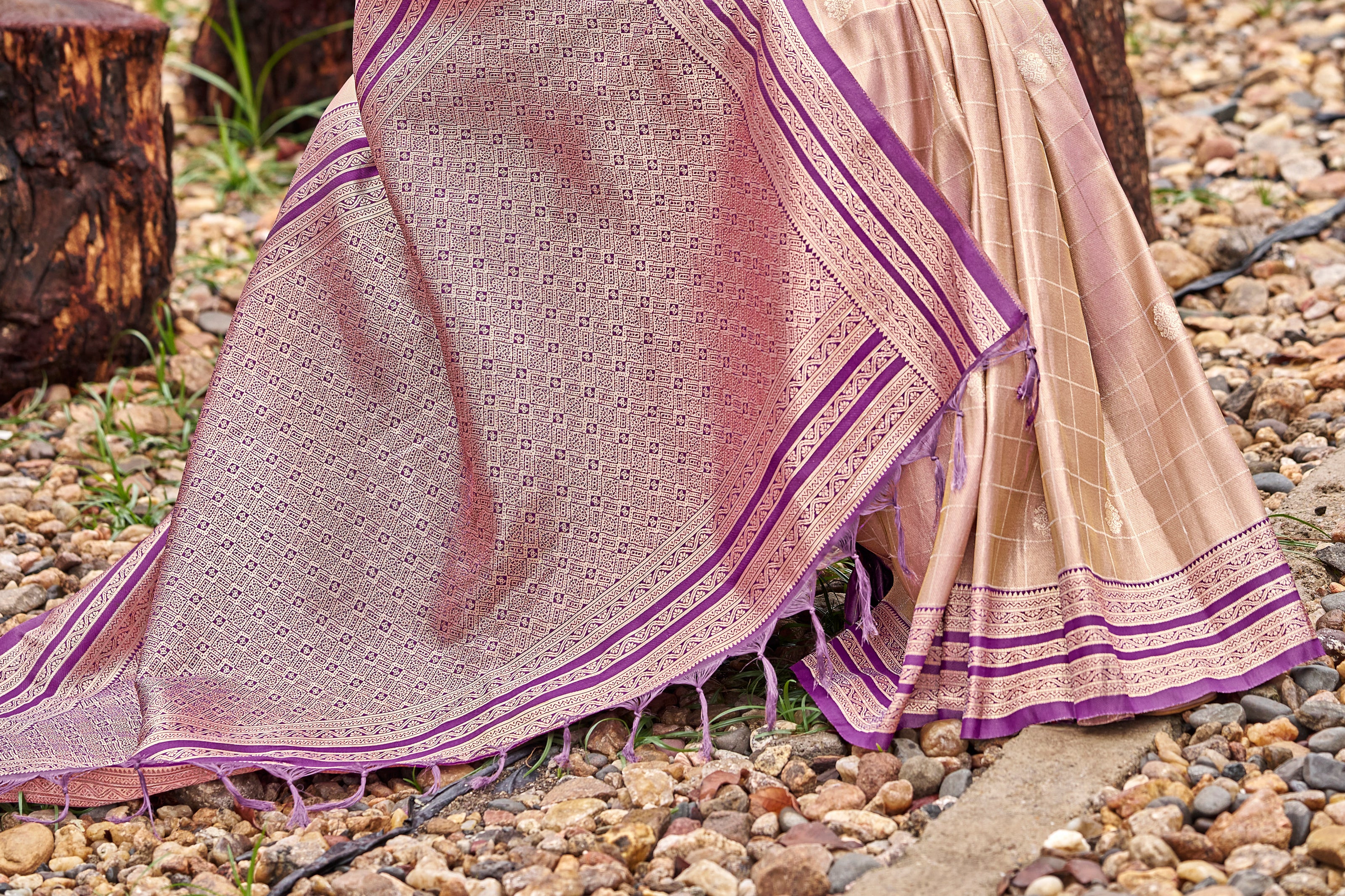 Cream Tissue Silk Saree with Purple Stripe Zari Border