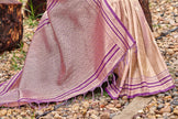 Cream Tissue Silk Saree with Purple Stripe Zari Border