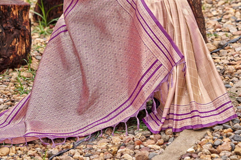 Cream Tissue Silk Saree with Purple Stripe Zari Border