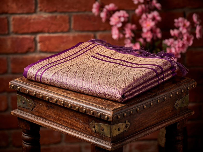 Cream Tissue Silk Saree with Purple Stripe Zari Border